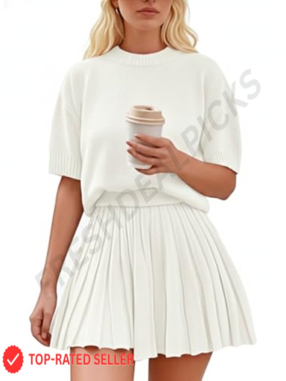 Two Piece Outfit Knit Top Pleated Skirt Sets Short Sleeve Crewneck Summer